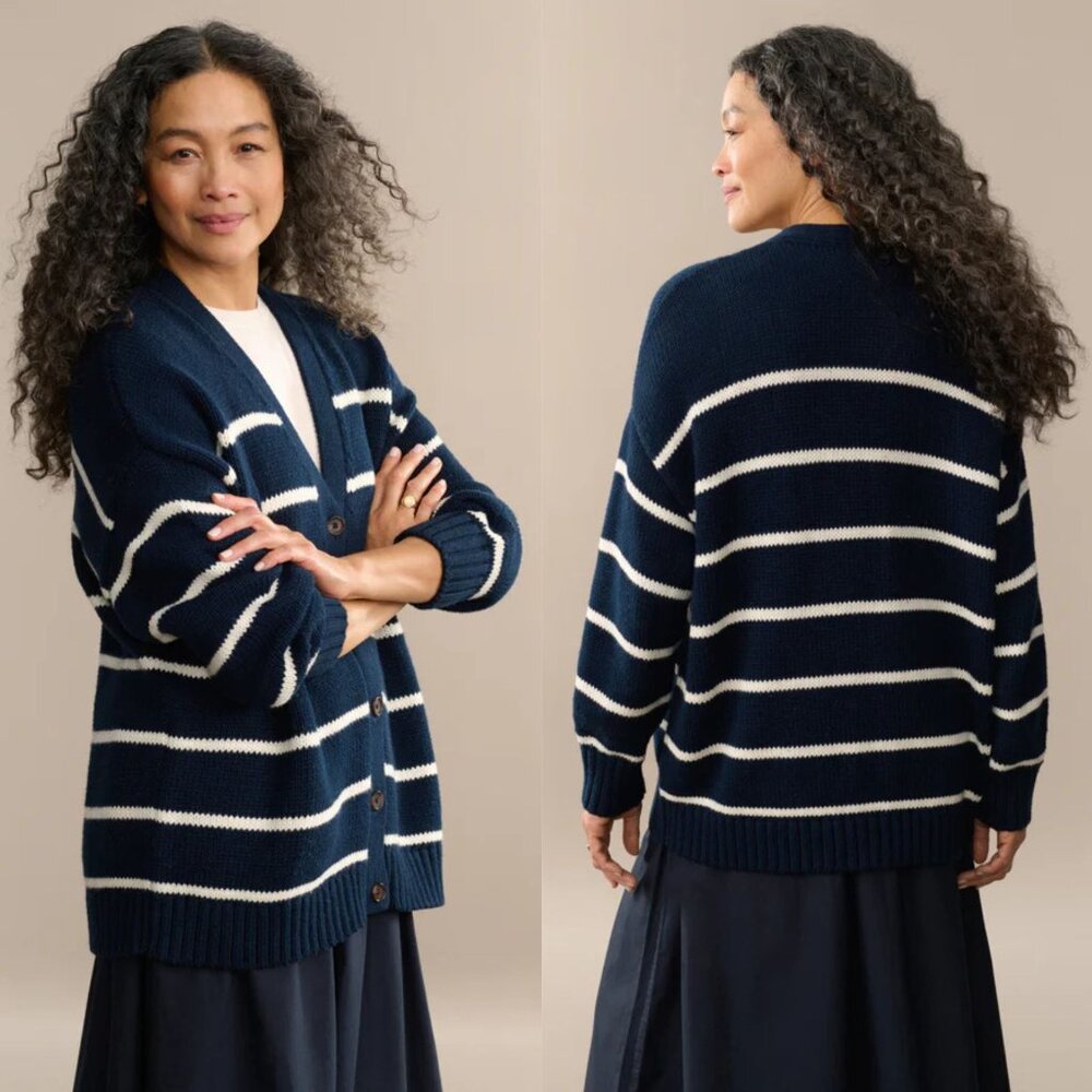 Jenni Kayne Chloe Cardigan Navy Ivory Striped Cotton Button Front‎ Size M - Picture 11 of 11